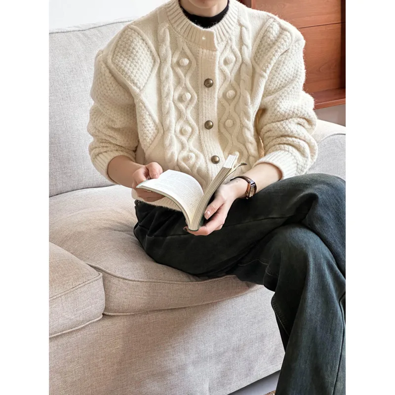 

Winter Short Twists Knitted Sweater Women Vintage Round Neck Long Sleeve Thick Warm Cardigan Coat
