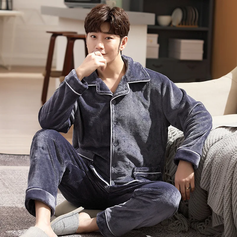 Fashion Design Pajamas Set Men Autumn Winter Flannel Thermal Lapel Coral Fleece Loungewear Suit Male Comfortable Warm Homewear cotton pajamas set
