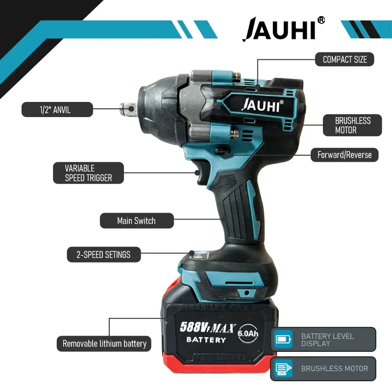 JAUHI 1800N.M Torque Brushless Electric Impact Wrench For Trucks 1/2 inch Cordless Wrench Driver Tool For Makita 18V Battery