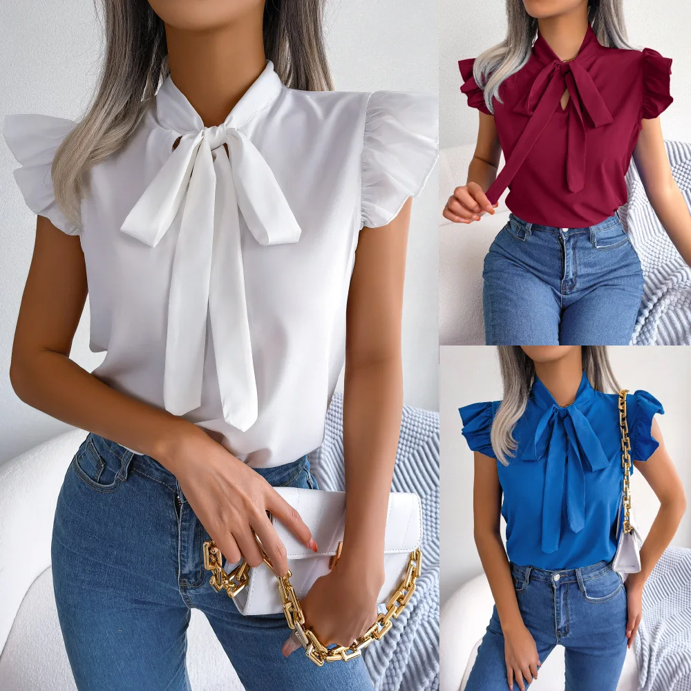 

2024 Spring/Summer Elegance Commuting Wooden Ear Edge Tied Bow Chiffon Shirt Women's Wear кофта короткий рукав футболки