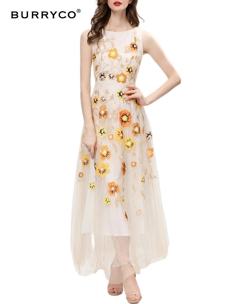 

BURRYCO Summer 2024 Women's New Fairy Style Mesh Embroidered Sequin Fashion Dress
