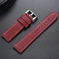 Premium Genuine Leather Watchband with Vintage Stitching - Universal Sport Strap - Black Buckle (Red White)