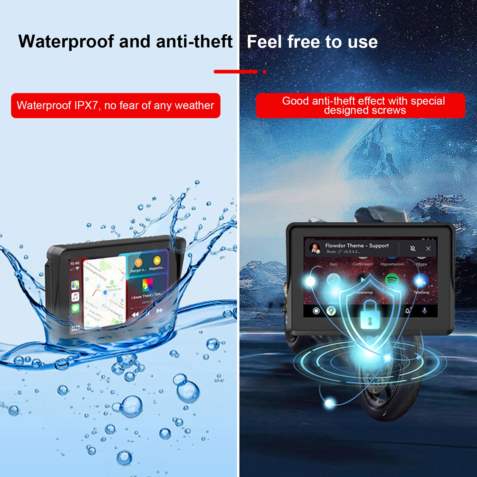 5 Inch/1000nit Portable Motorcycle GPS Navigation Screen Tire Pressure Monitor IPX7 Waterproof Wireless CarPlay/Android Auto