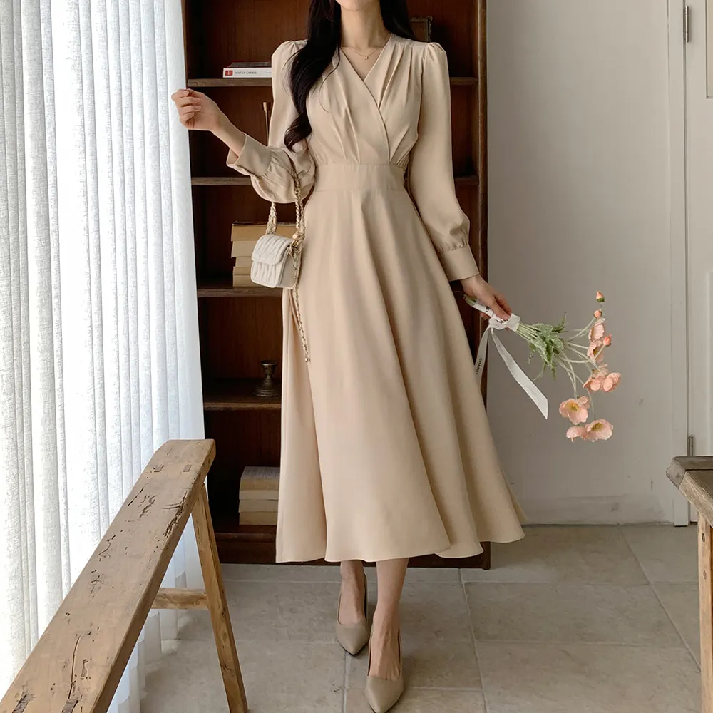 Korean Fashion Autumn Midi Dresses for Women Long Sleeves V-neck A-line Solid Casual Dress Office Lady Clothing New