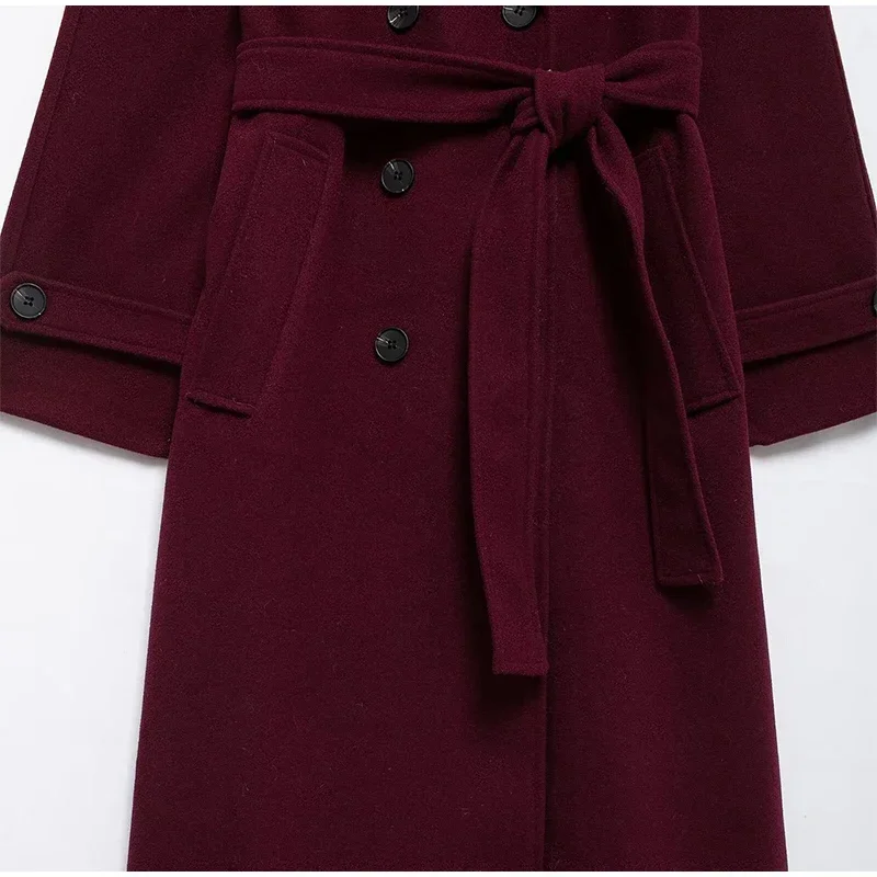 Fashion Burgundy Red Double Breasted Overcoat Women Lace Up Loose Lapel Pockets Long Sleeve Coat New High Street Outerwear