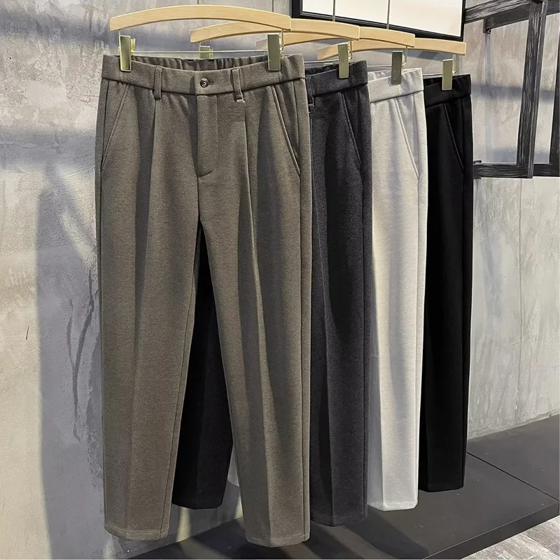 Starry Sky Pattern Woolen Trousers Slimming Casual Pants For Men Warm Comfortable Fall Winter Solid Color Trousers