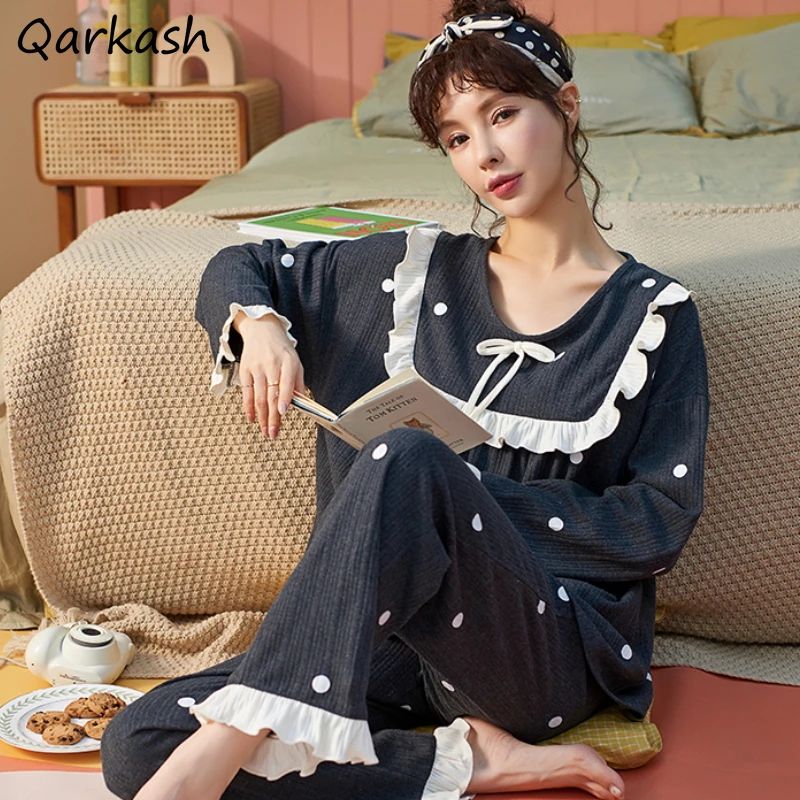 

Pajama Sets Women Sweet Polka Dot Japanese Style Ladies O-neck Spring Navy Lovely Homewear Design Fashion New Soft Elastic Waist
