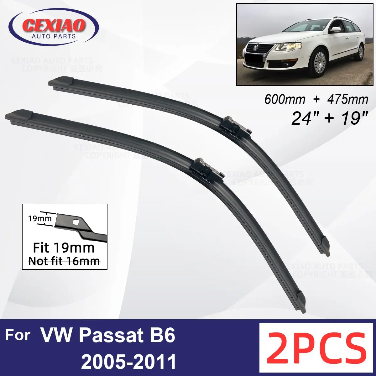 

Car Wiper For VW Passat B6 2005-2011 Front Wiper Blades Soft Rubber Windscreen Wipers Auto Windshield 24"+19" 600mm + 475mm