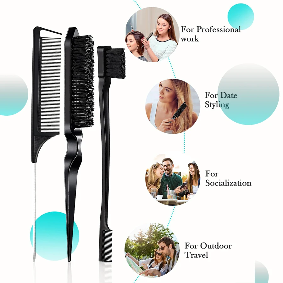 3-Piece Hair Brush Set, Edge Control Comb & Detangler, Double-Sided Hairline Brush, Smooth Comb, Suitable for All Hairstyles