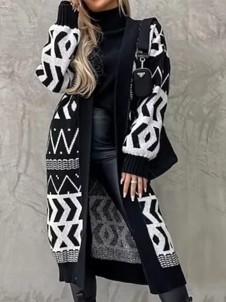 

Autumn Winter Cardigan Women Vintage Print Knitted Sweater Female Elegant Long Knitwear Coat Lady Fashion Long Sleeve Cardigans