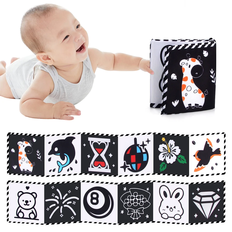 Libro de tela para bebé, juguetes de alto contraste para bebé de 0 a 36 meses, juguetes para cuna para recién nacido, libros de tela sensoriales de animales en blanco y negro, juguete Montessori