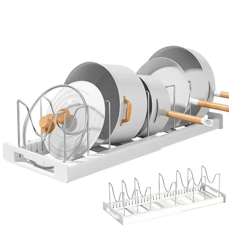 

Kitchen Pot Dishes Organizer Expandable Pot Rack In The Cabinet For Baking Frying Rack Bronze Pans With 7 Adjustable Compartment