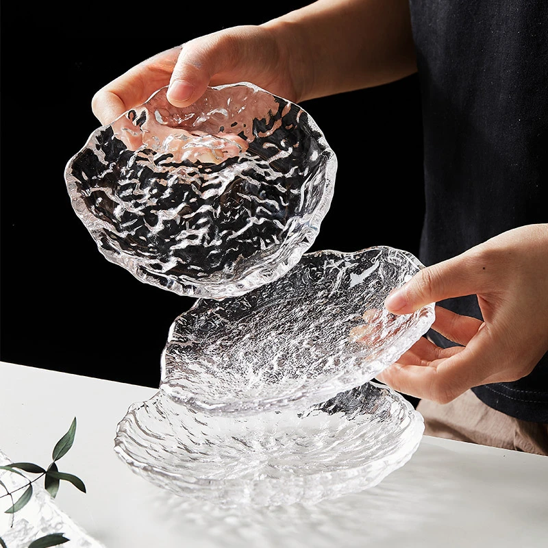 

Japanese Hand-made Crystal Glass Plate Home Creative Salad Plate Fruit Snack Sushi Plate Coaster Pot Bearing Support Tray