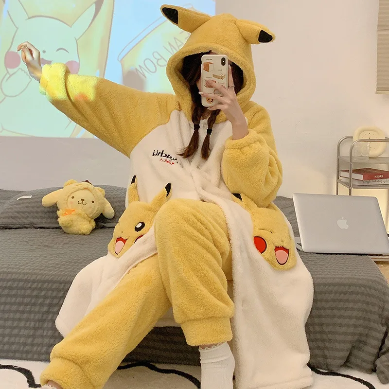 

Cartoon Pokmoned Pikachued Kawaii Pajamas Set Ins Girl Heart Flannel Long Homewear Pajamas Set Girlfriend Holiday Gifts