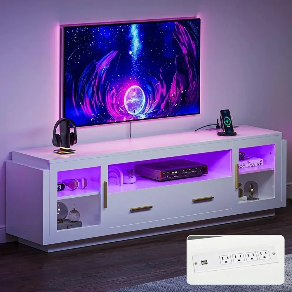 

TV Stand for TVs Up to 75” With LED Power Outlets Living Room Cabinet White & Gold Dressers 70 Inches Modular Furniture
