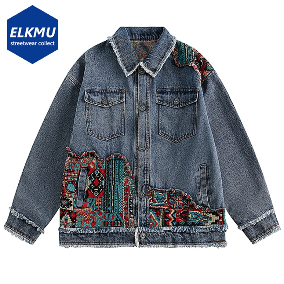 

Men's National Style Denim Jacket Knitted Patchwork Fashion Streetwear Hip Hop Harajuku Jackets Loose Casual Blue Jeans Coats