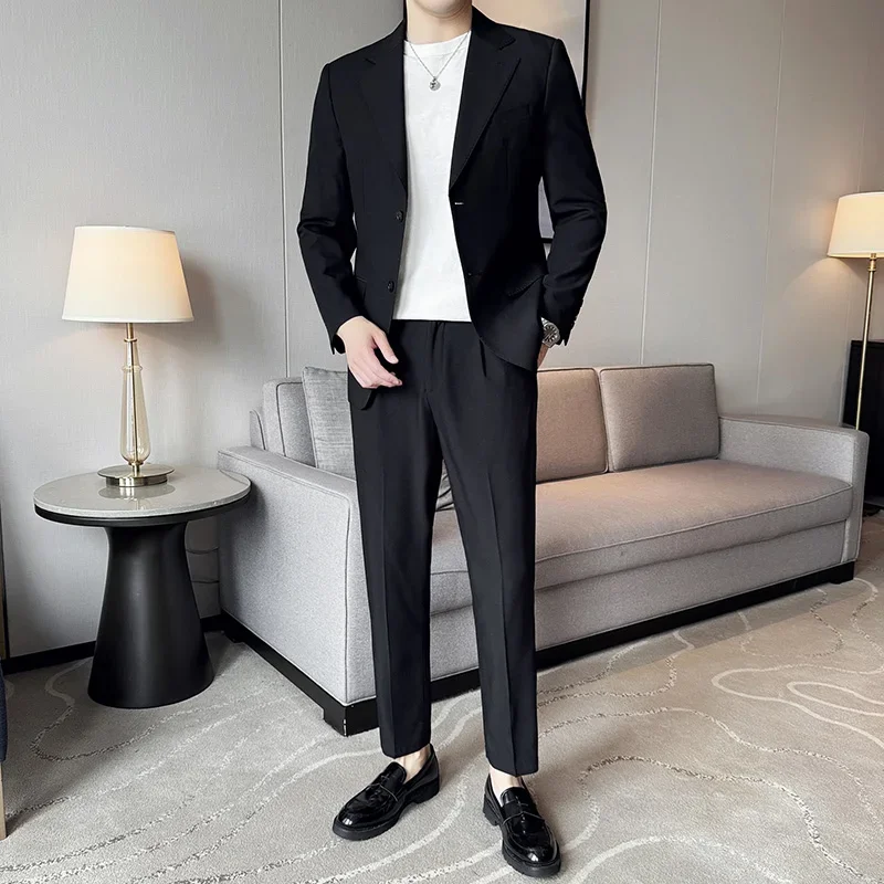 Tencel High Tech Fabric Men Spring Summer Thin Suits 2 Pieces (jacket+pants) Business Casual Office Wedding Groom Dress Suit