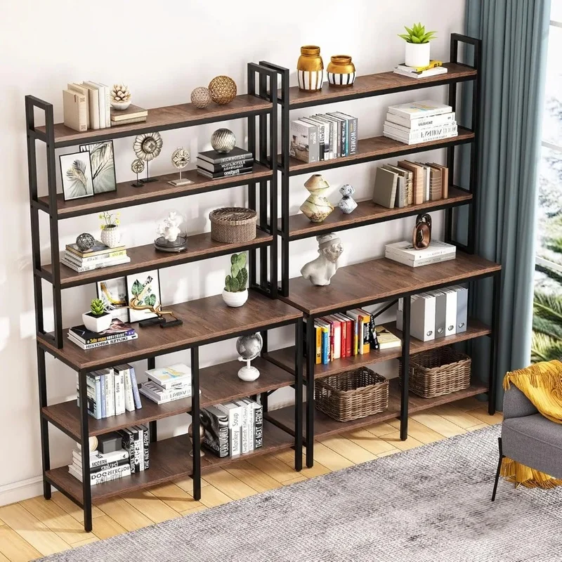 Bibliothèque industrielle à 6 niveaux avec étagères ouvertes, support de rangement avec cadre en forme de X, bibliothèque rustique, lot de 2
