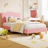 Upholstered Twin Size Bed Frame for Kids with Scallop Headboard, Cute Velvet Twin Bed for Girls, Boys, Sturdy Platform Bed 1