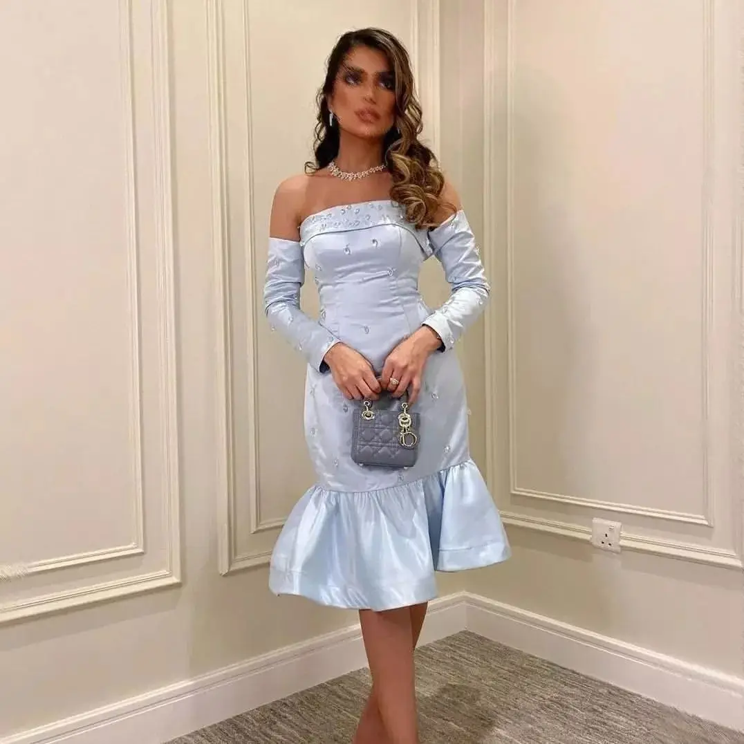 

Pale Blue Strapless Boat Neck Knee Length Backless Evening Dress Pleated Satin Prom Dresses vestidos de fiesta Party Gowns