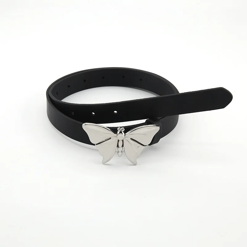 

Women's Silver Metal Butterfly Buckle Hot Girl PU Belt 2023 Ins Retro Thin Belt Female Jeans Black Strap