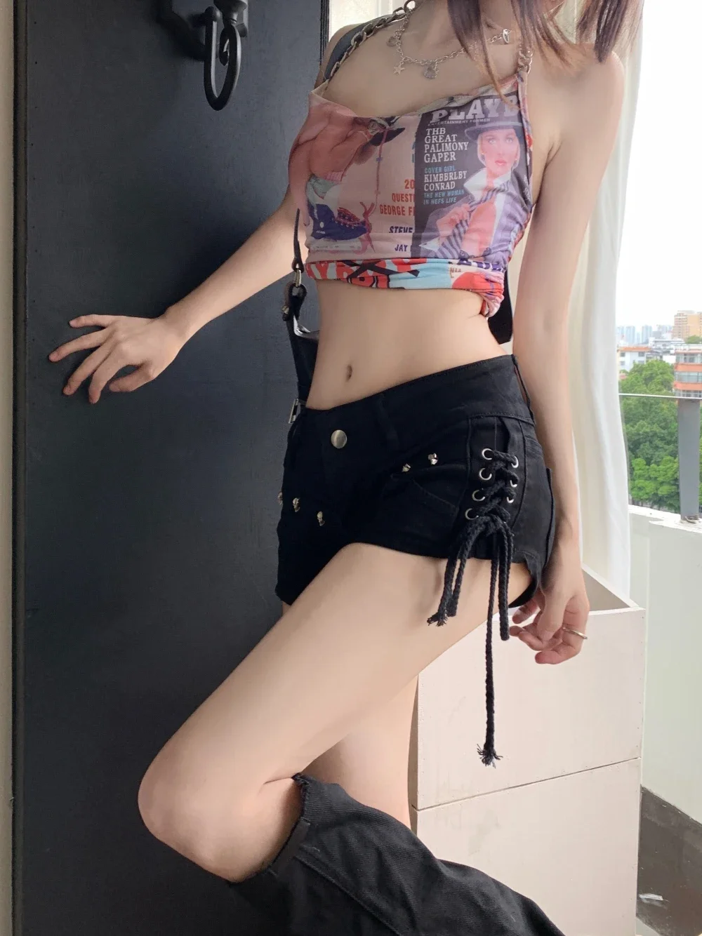여성용 아메리칸 레트로 섹시 블랙 해골 미니 진 반바지, Y2k 여름 낮은 허리 마이크로 짧은 청바지, 붕대, 한국 패션