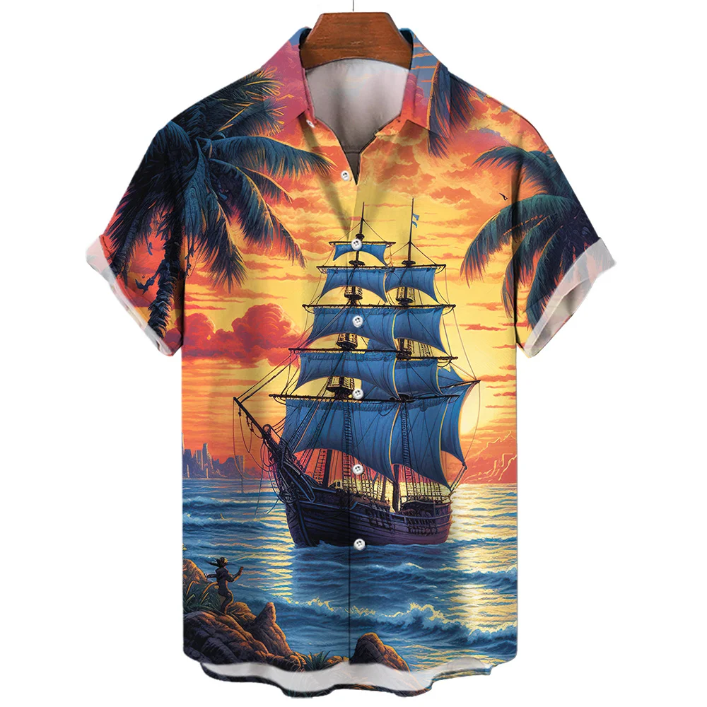 Hawaiian Navigator Sailboat Pattern Men's Shirt Sea 3D Printed Retro Short Sleeve Resort New Casual Beach Y2k Oversized Clothe