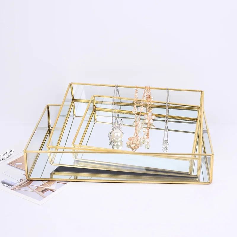 Nordic Retro Storage Tray Gold Rectangle Glass Makeup Organizer  Dessert Plate Jewelry Display Home Kitchen Decor WF1015 4