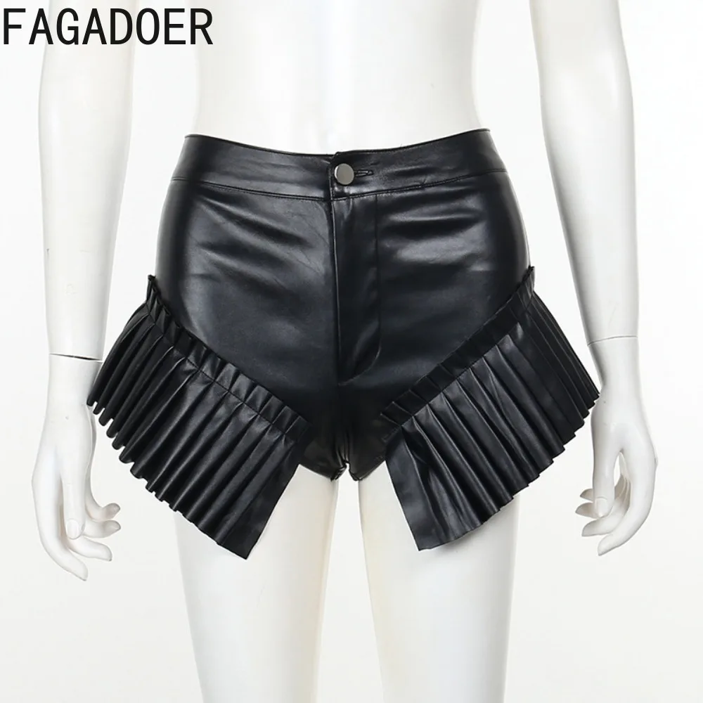 FAGADOER Fashion Y2K PU Leather Shorts Women High Waisted Ruffle Pleated Design Shorts Black Sexy Solid Color Nightclub Bottoms
