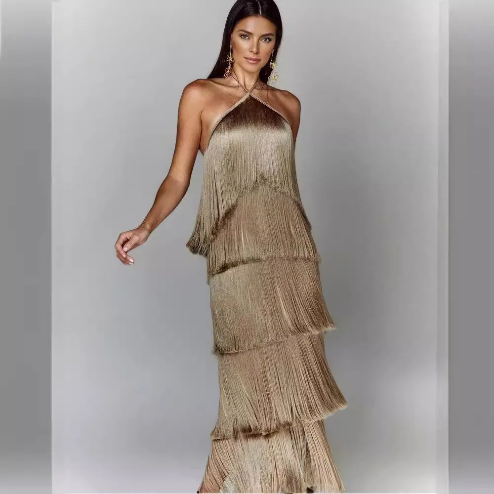 

Fashion Hanging Neck Tassel Backless Slit Dress for Party Photo Shoots