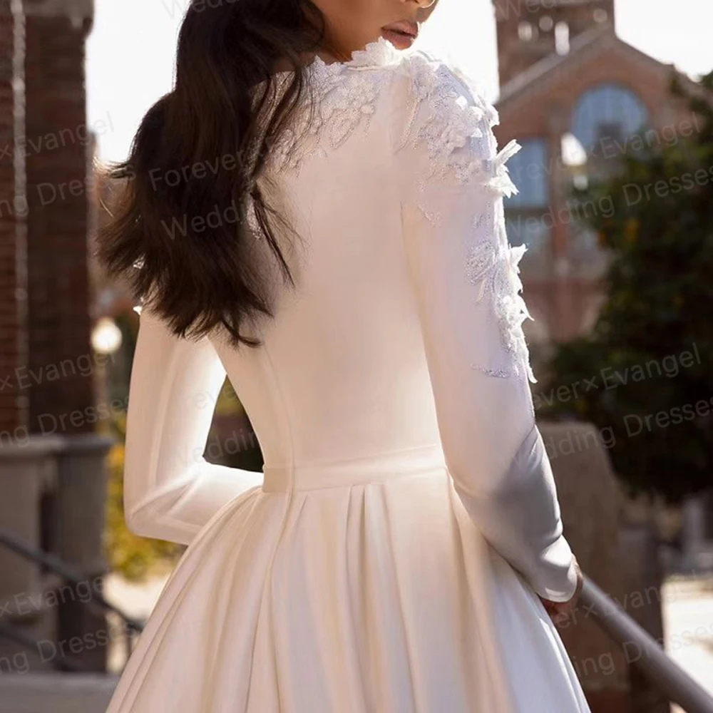 Luxury High Neck Wedding Dresses Woman's Appliques Long Sleeve A Line Bride Gowns Muslim Formal Vestidos De Noche Customized 4