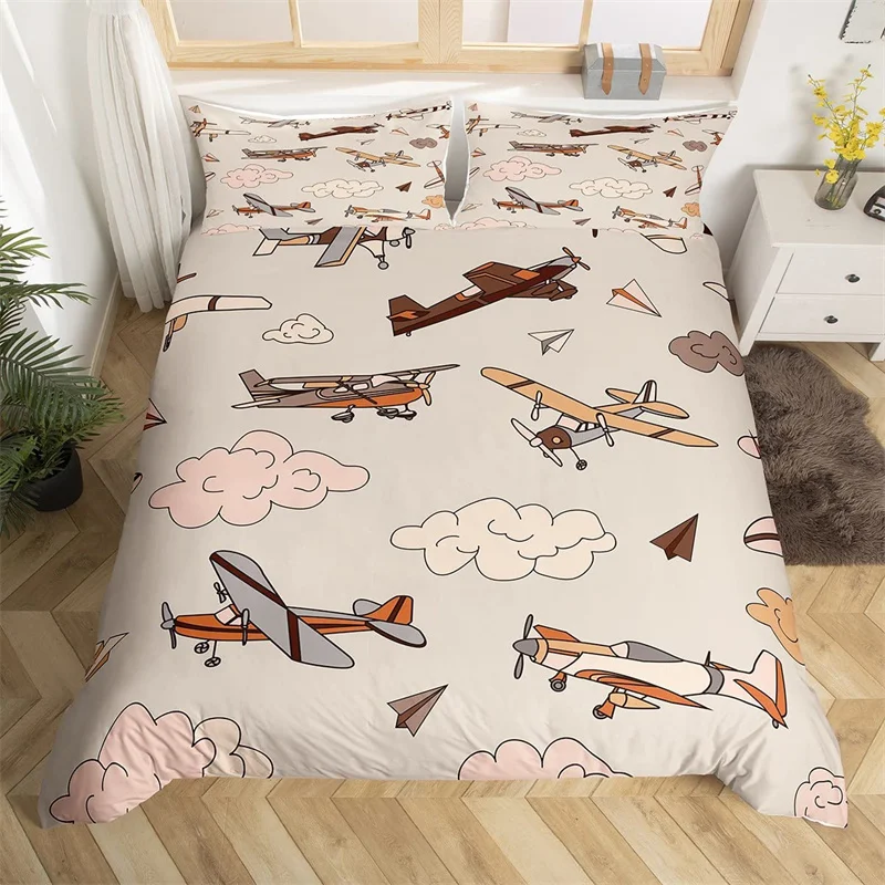 

Boys Airplane Duvet Cover Set Kids Cartoon Aircraft Bedding Set Microfiber Vintage Airplanes Print Quilt Cover Single King Size