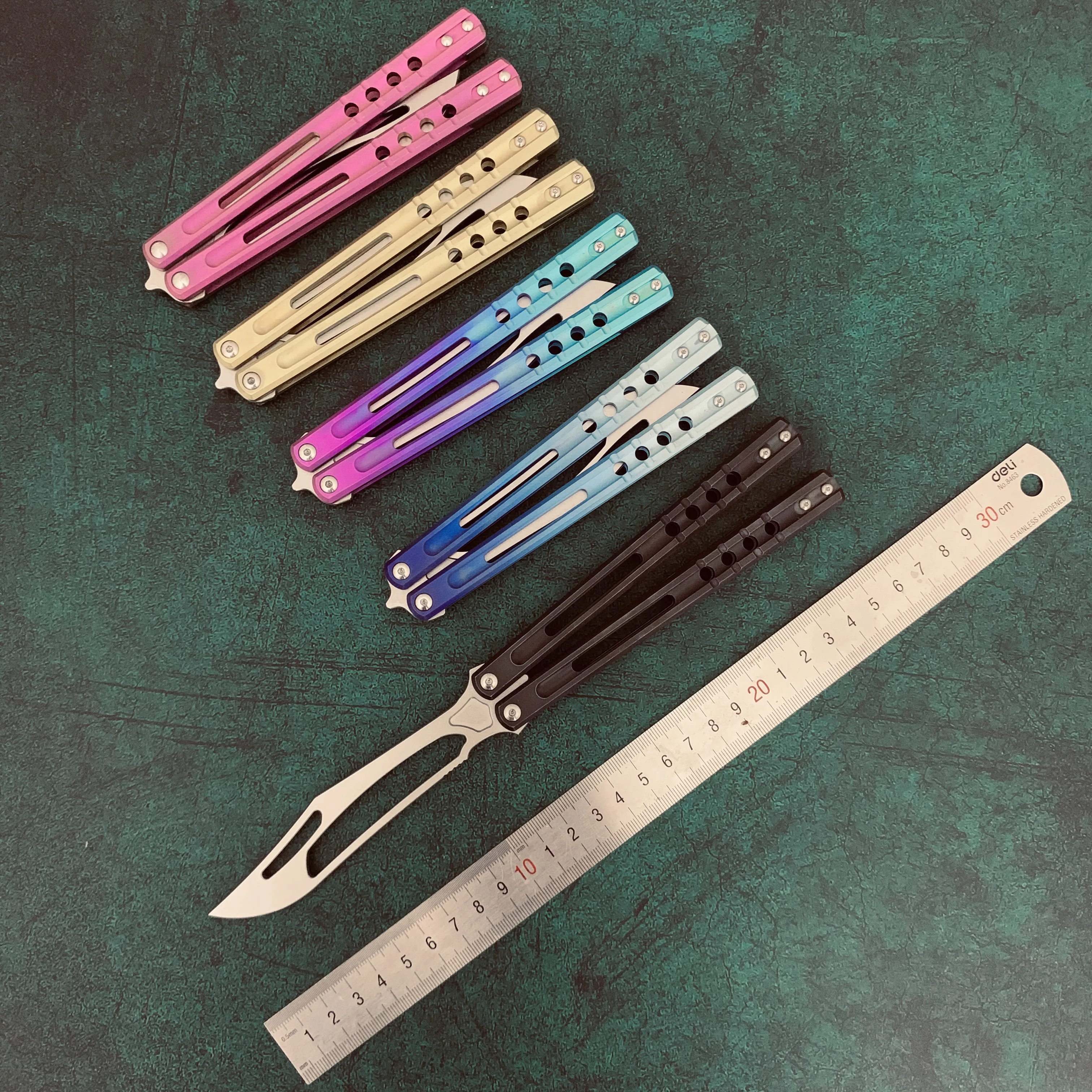 JK Design Orca TheOne Clone EDC Balisong Trainer Titanium Sandwich Handle Butterfly Training 