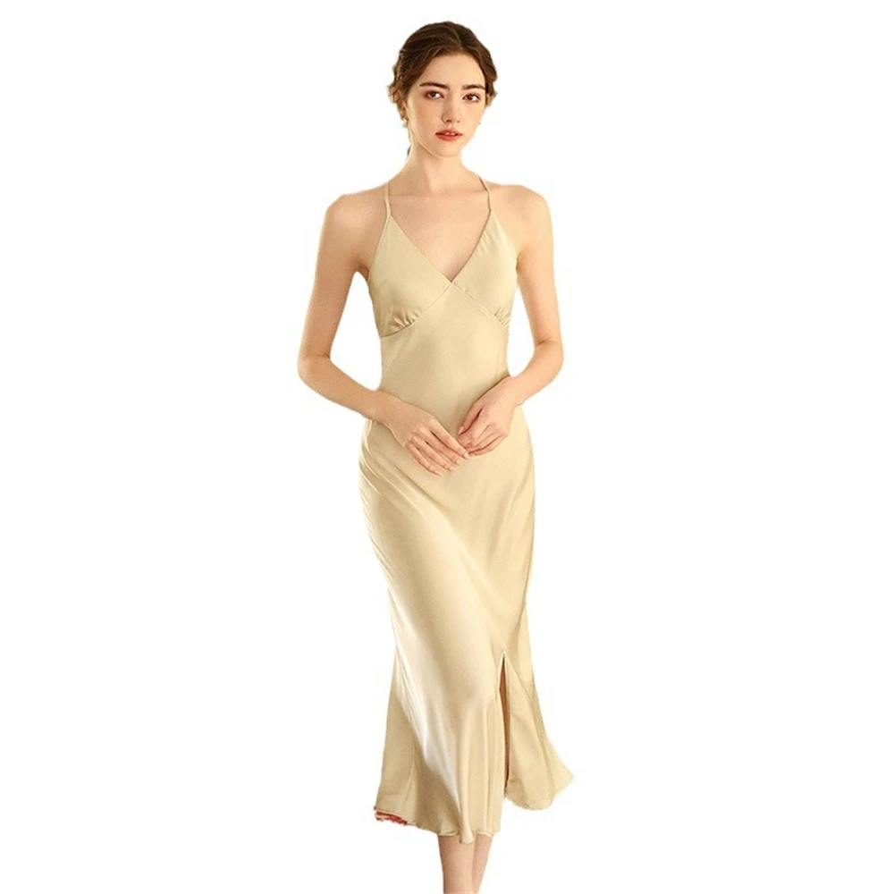 

New Nightdress Women Summer Ice Silk Sexy Backless Spaghetti Strap Dress Long Nightgown Lady Thin Sleepwear Solid Color Homewear