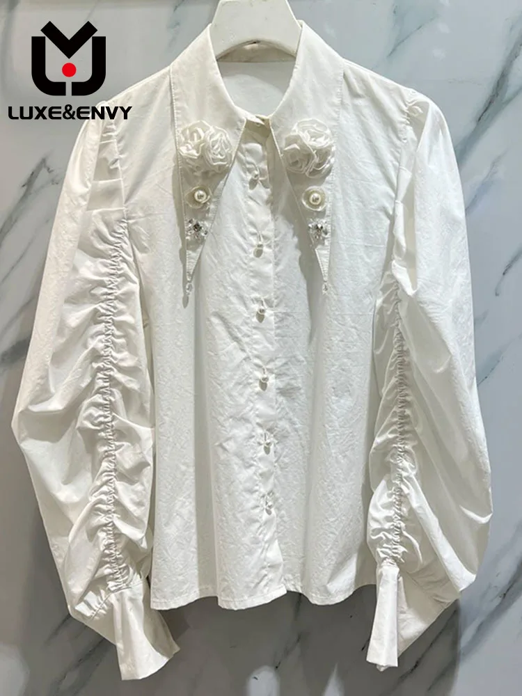 

LUXE&ENVY Autumn New French Fashion Light Unique Handmade Flower Pointed Neck Bubble Long Sleeve Shirt Top 2023 Women Fashion