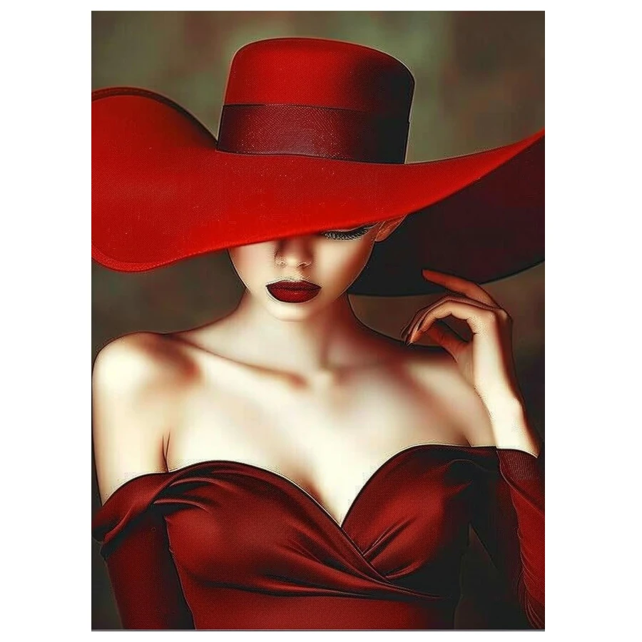 Red hat and dress lady 5D DIY Diamond Painting Full Rhinestone Drill Mosaic Picture Embroidery Elegant Women Portrait Decor diamond painting,diamond art painting kit,diamond painting set