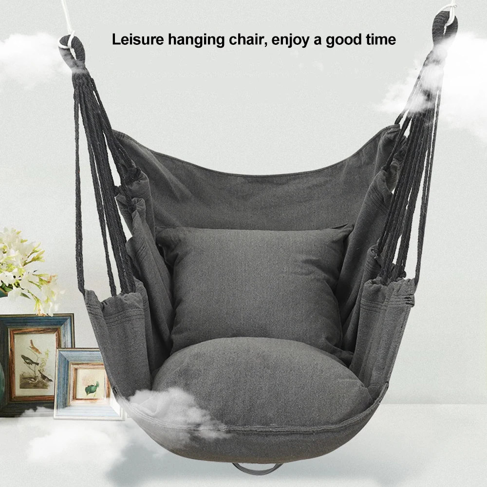 HooRu Hammock Swing Chair Outdoor Portable Folding Hanging Rope with Pillow Cotton for Picnic Garden Bedroom