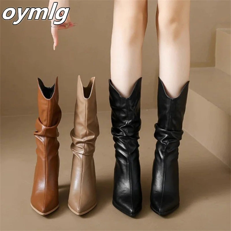 2023 Autumn Denim Design Trend New Thin Heel High Heels Solid Color Stacked Fashion Leather Boots womens boots