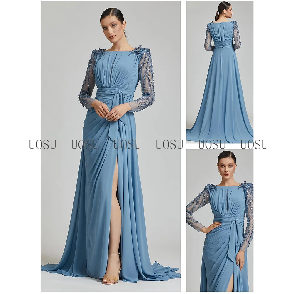 Mother Bride Dresses Lilac Mother of the Bride/Groom Dresses Long Sleeves Beaded Luxury Women's Wedding Guest Gowns Scoop Split Formal Evening Dress