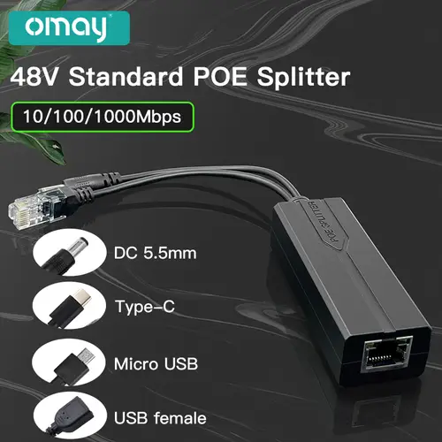 Standard POE Splitter 48V to 5V 12V 1.2A 2A Micro USB Type-C 100M/1000M POE Camera Injector Power Supply for Huawei Hikvision