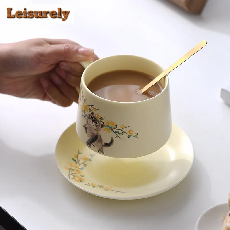 280ml Hand Drawn Cute Cat Coffee Mug With Plate Couple Handgrip Cups Afternoon Tea Mug Coffee Milk Pot Cup Saucer Kit Teaware