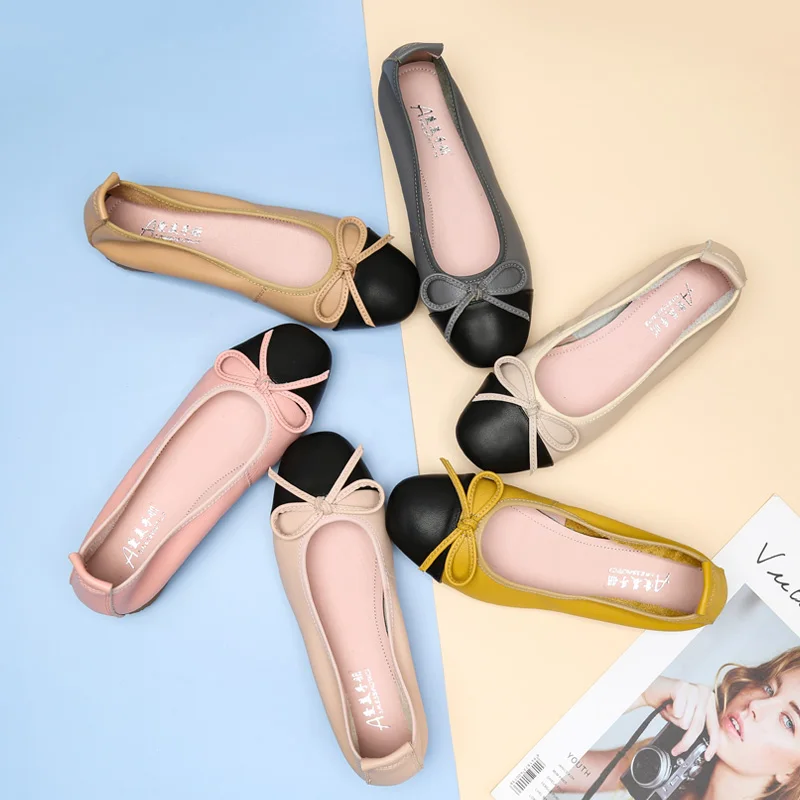 

Corium Large Size Women's Shoes 41-43 Small Perfume Flat Women's Single Ballet Shoes Leather Soft Soled Maternity Shoes Bowknot