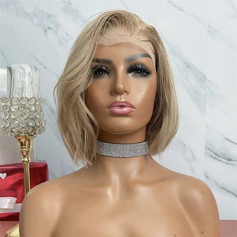 

Soft Short Cut Bob Gray Ash Blonde Straight European Virgin Human Hair Jewish Wig 13x4Lace Front Kosher Sheitel Wig For Women