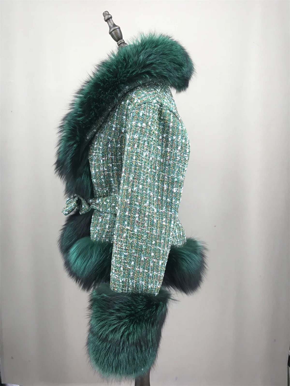 Short Jacket Coat With Real red Fox Fur Collar Cuffs Front And Belt Woman Elegant Fur 2024 Autumn Winter Green Color