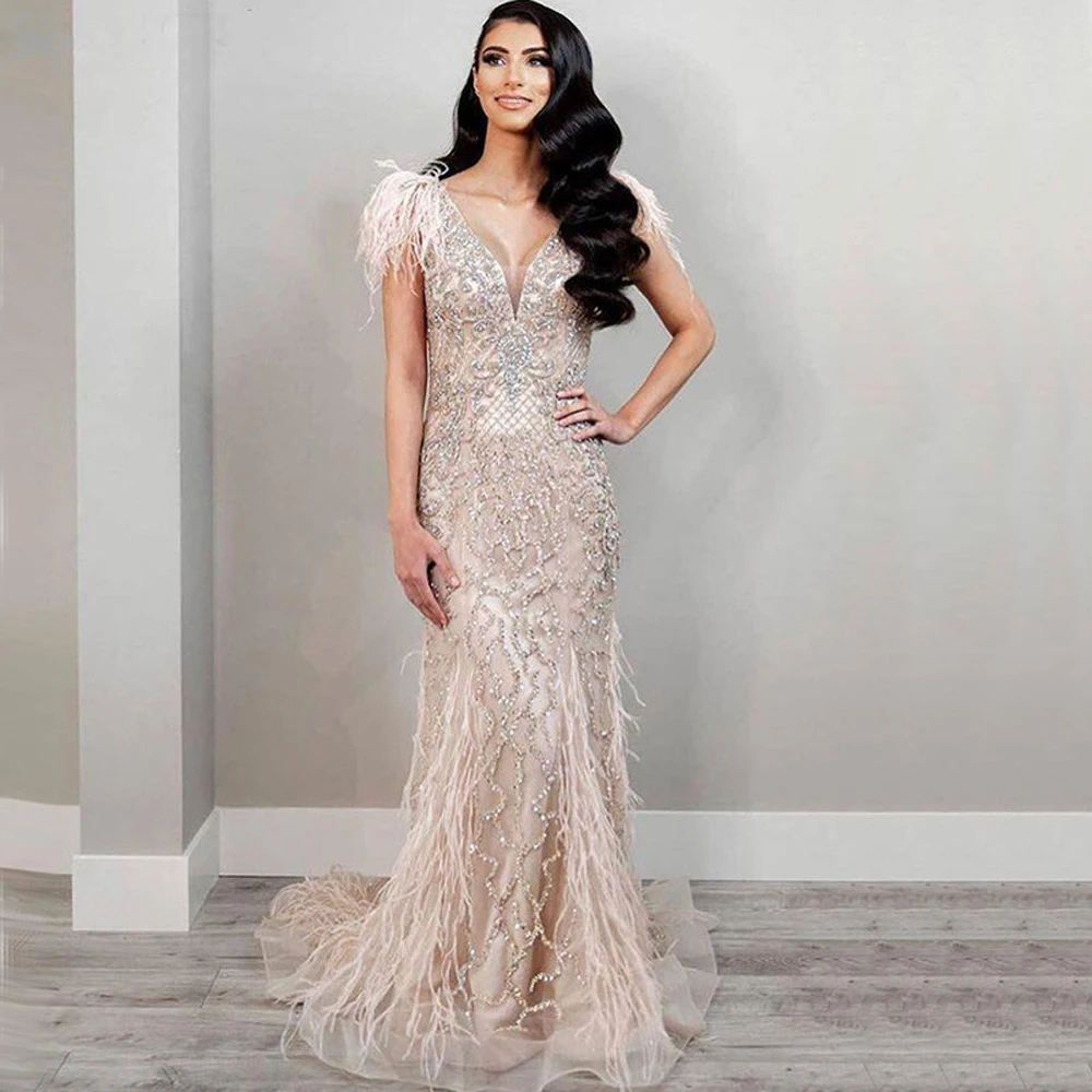 

Feathers Mermaid Evening Dresses Women 2024 Luxury Dubai Beading Crystal V Neck Elegant Formal Party Prom Gowns Vestidos De Gala