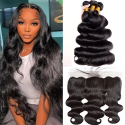 Body Wave Bundles with Closure Brazilian Virgin Remy Human Hair 3 Bundles with 13×4 Lace Closure Hair Extensions Natural Color