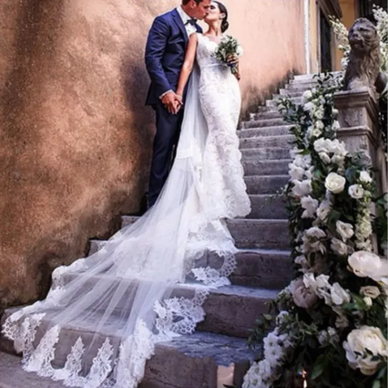 Bridal Veils Two-Layers Mandolin Cathedral Veil 4M Lace Appliques All Lace Edge