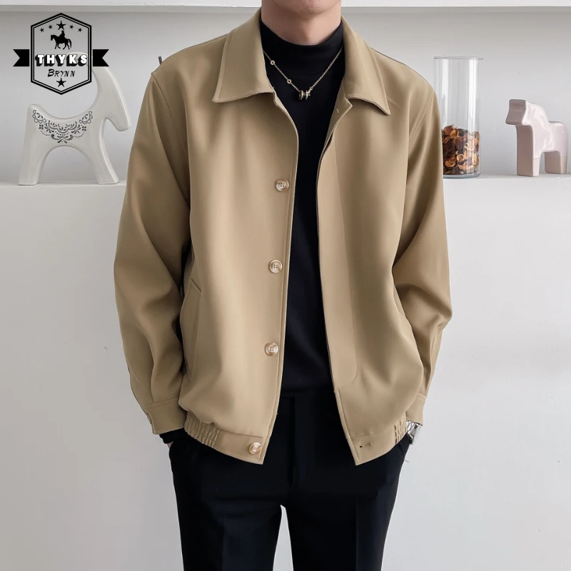 

Корейский короткий пиджак с лацканами, Мужская Уличная одежда, свободная модная однобортная куртка, Мужская однотонная Повседневная куртка в стиле Харадзюку на весну