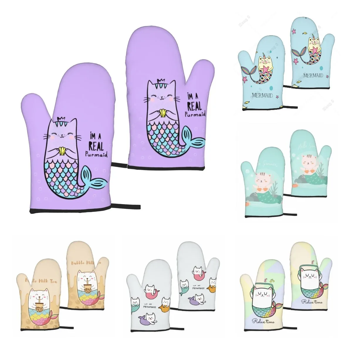 

Oven Mitts 2pc Mermaid Cat Purple Microwave Gloves Heat Resistant Kitchen Gloves One Size for Women Men Bbq Cooking Gloves