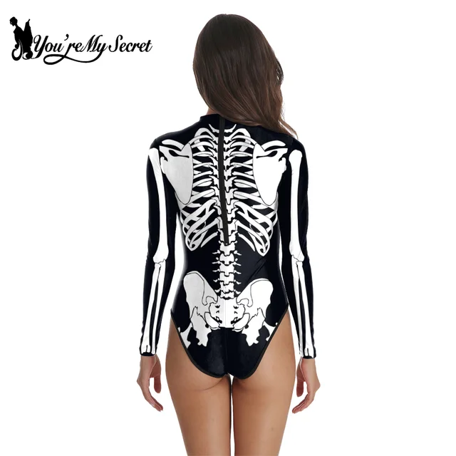 [You're My Secret] Halloween Costume Cosplay Skeleton Print Zenti Bodysuits Carnival Party Jumpsuit Outfit Women Day of The Dead 2